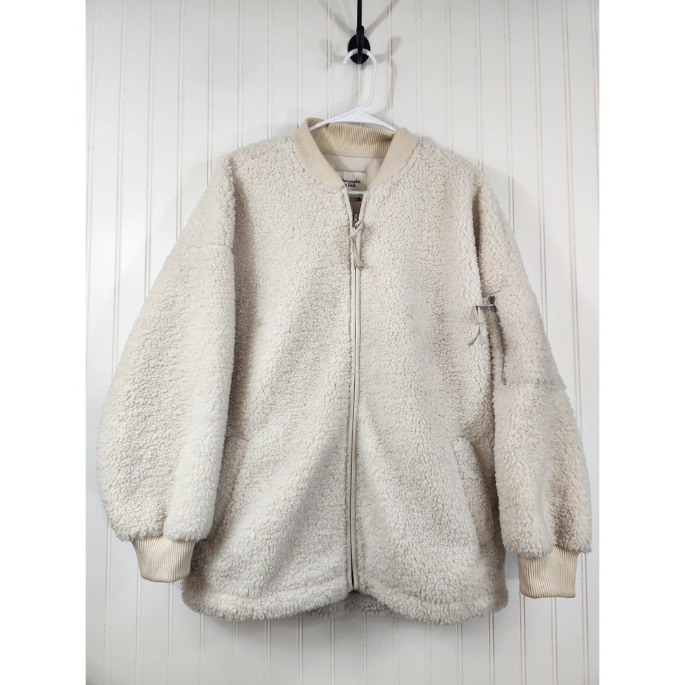 Abercrombie & Fitch Women's Cream Sherpa‎ Oversized Suede Lined Bomber Jacket M